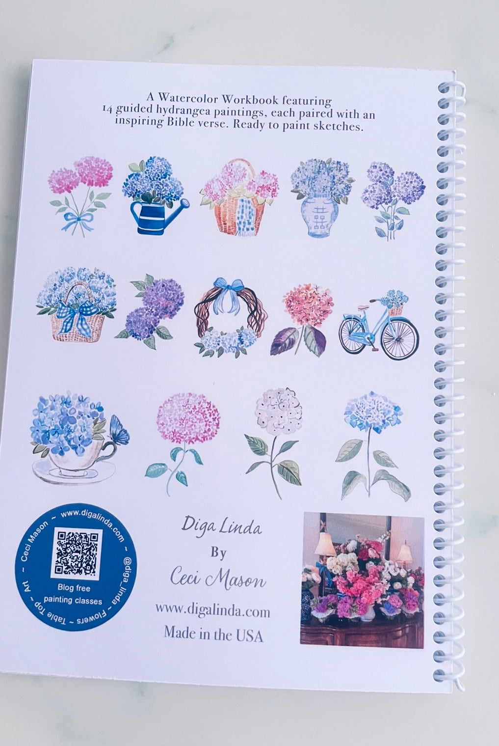 Hydrangeas and & His Word watercolor workbook by Ceci Mason featuring hydrangea paintings and Scripture