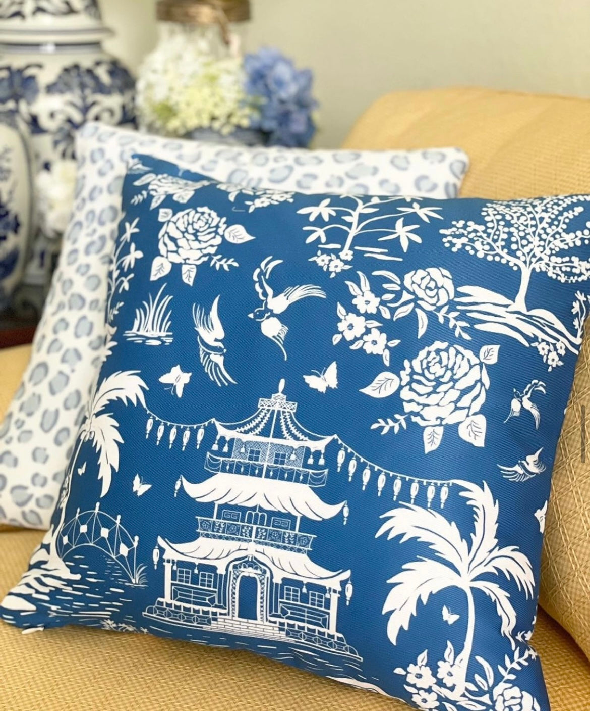 Chinoiserie Pagoda, Blue and White Throw Pillows