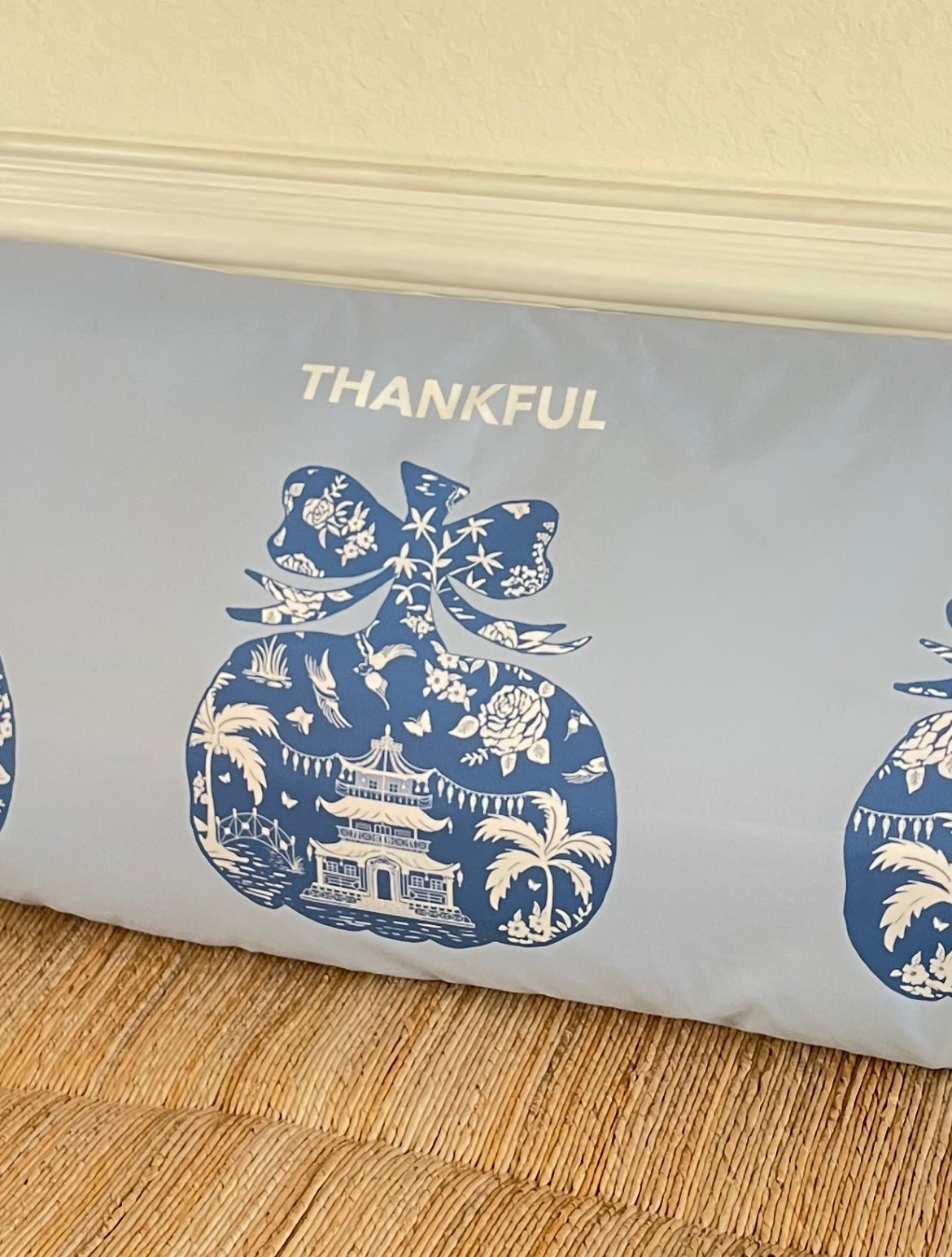 Grateful Thankful Blessed fall decorative body pillow by Diga Linda, featuring original artwork by Ceci Mason, 20x54 inches.