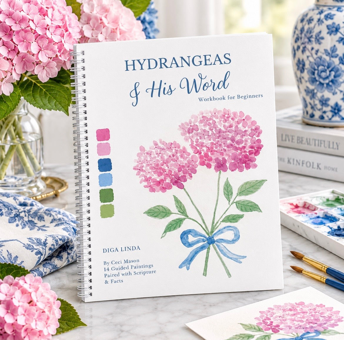 Hydrangeas and & His Word watercolor workbook by Ceci Mason featuring hydrangea paintings and Scripture