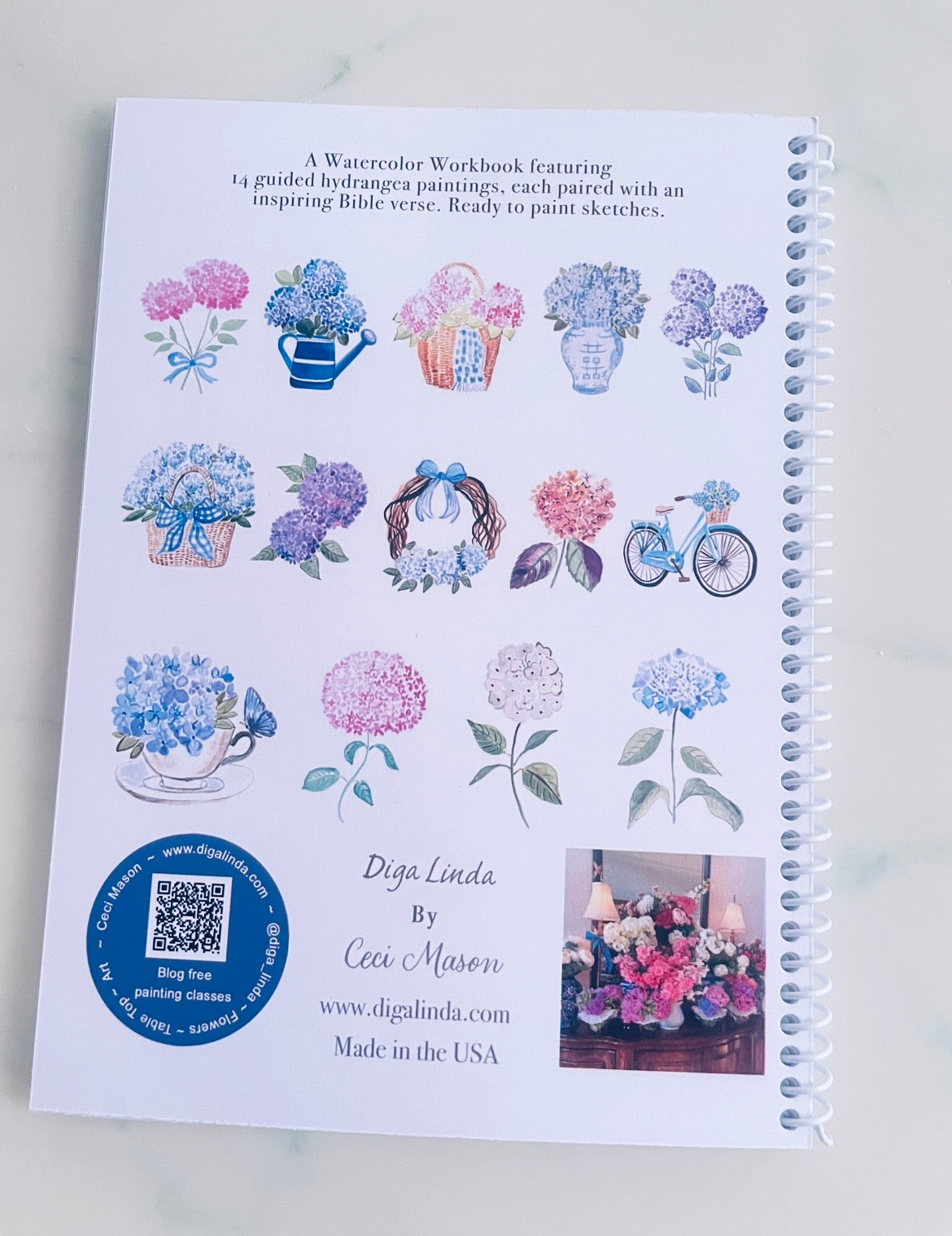 Hydrangeas and & His Word watercolor workbook by Ceci Mason featuring hydrangea paintings and Scripture