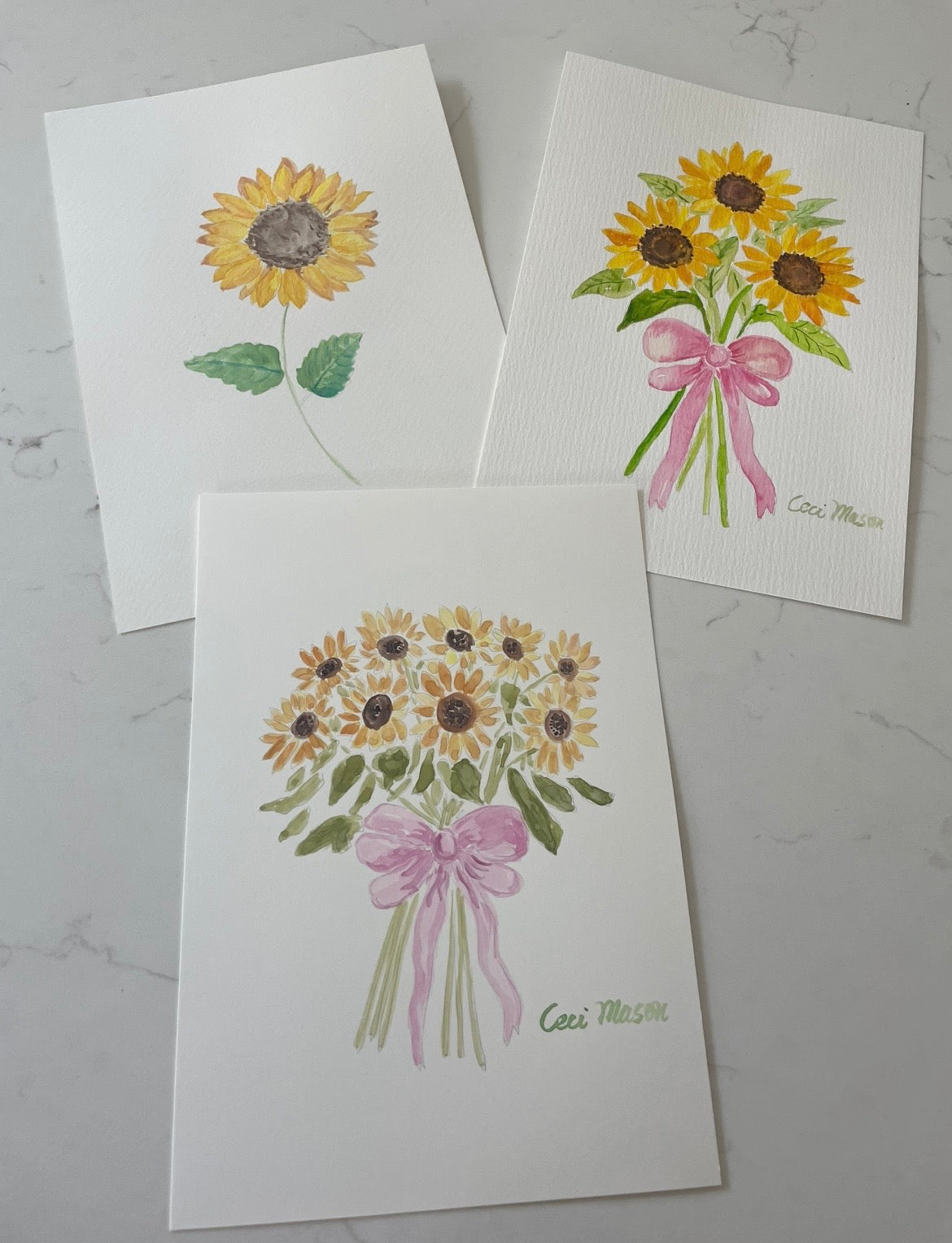Watercolor sunflower painting options with one, three or nine sunflowers.
