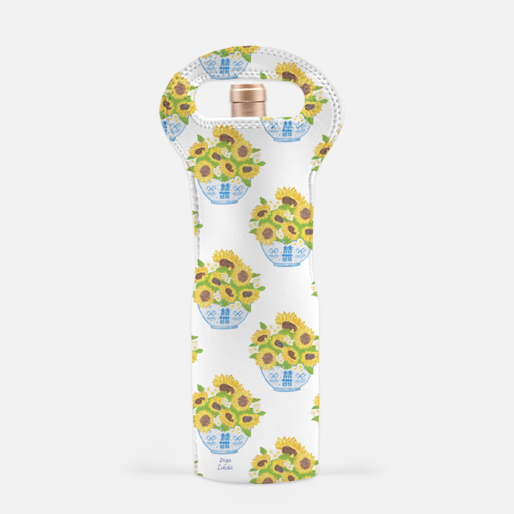 Chinoiserie Sunflower Bouquet in White Wine Tote