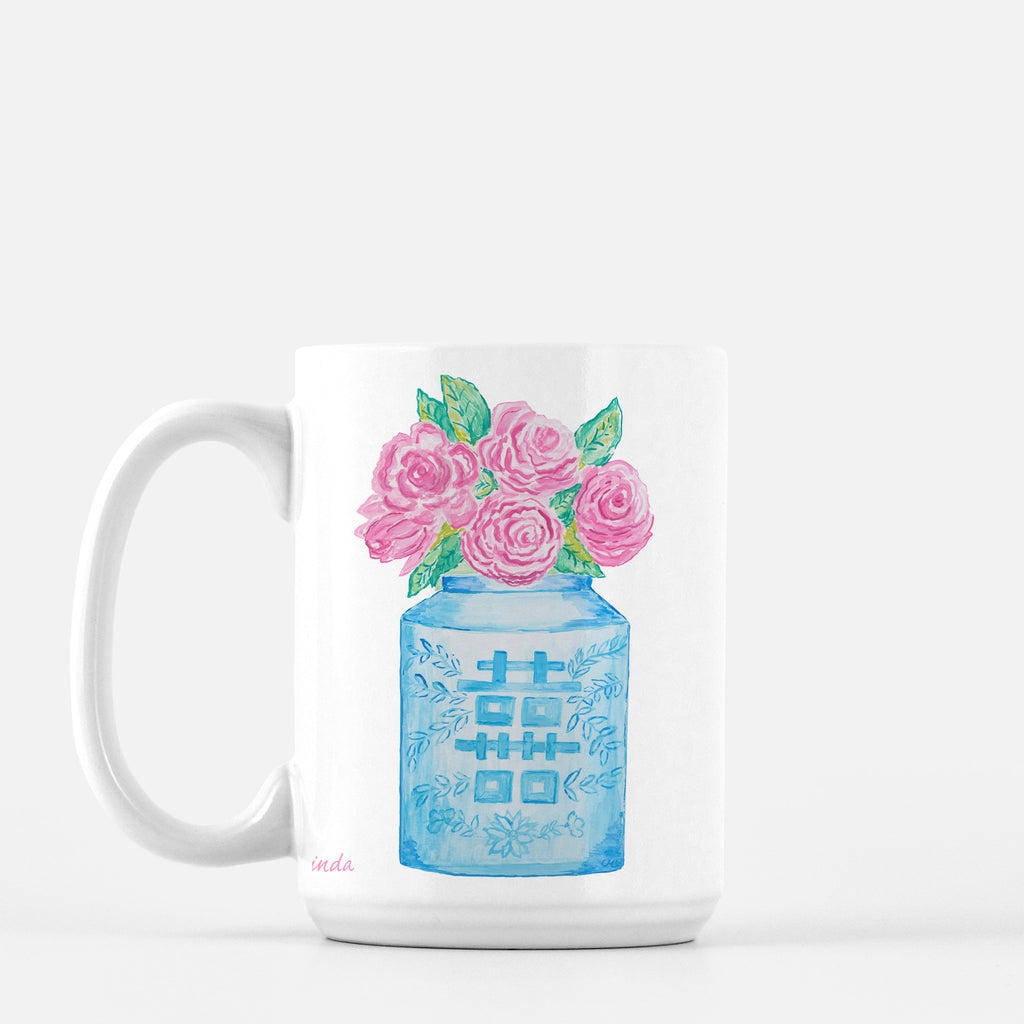 Double Happiness ginger Jar with pink roses by Diga Linda