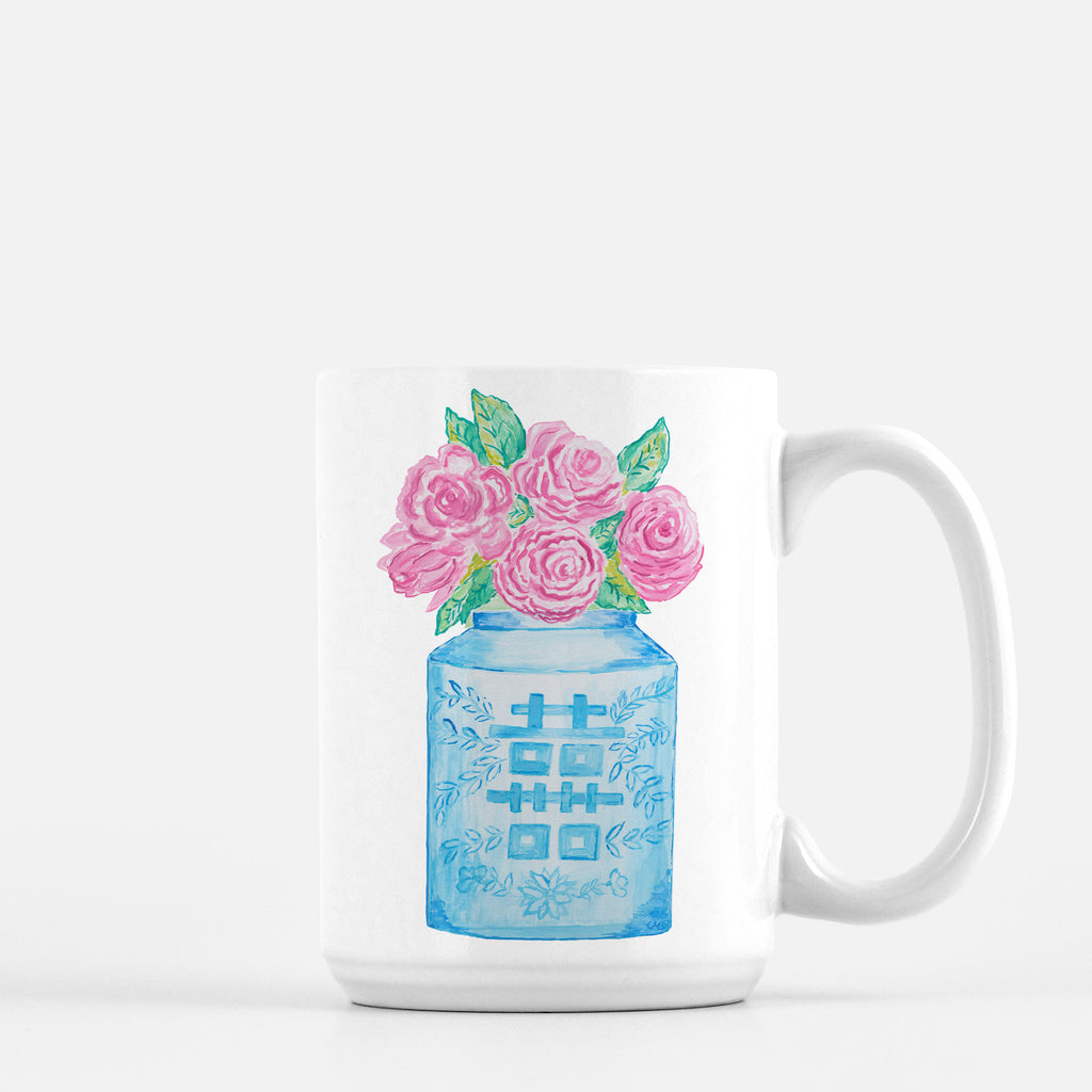 Double Happiness ginger Jar with pink roses by Diga Linda