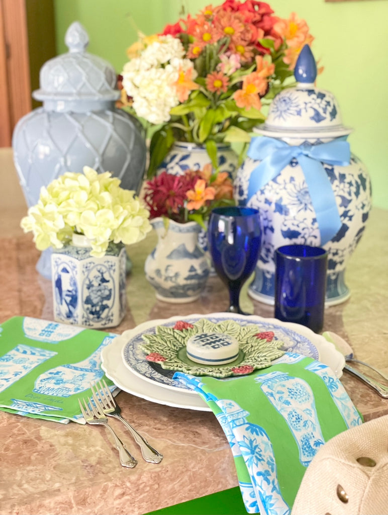 Kelly's Chinoiserie Blue, White and Green Napkins (set of 2)