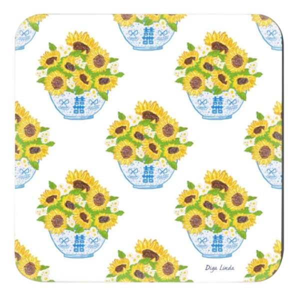 Chinoiserie Sunflowers Bouquet Coasters set of 4