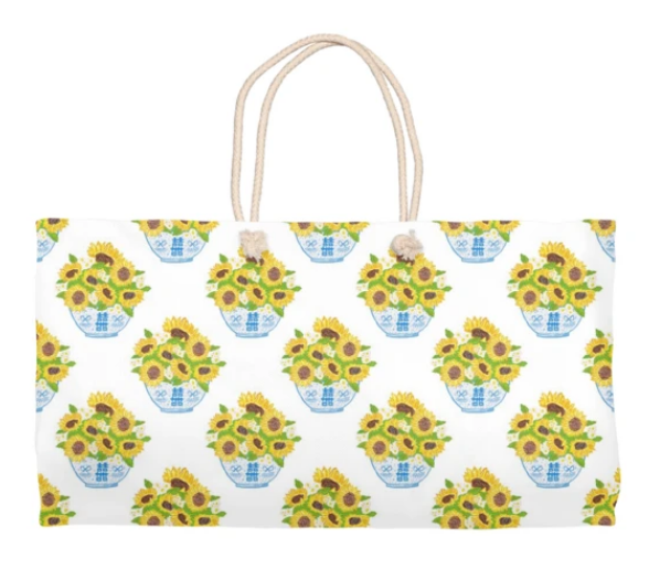 Chinoiserie Sunflower Bouquet In White Weekender Totes