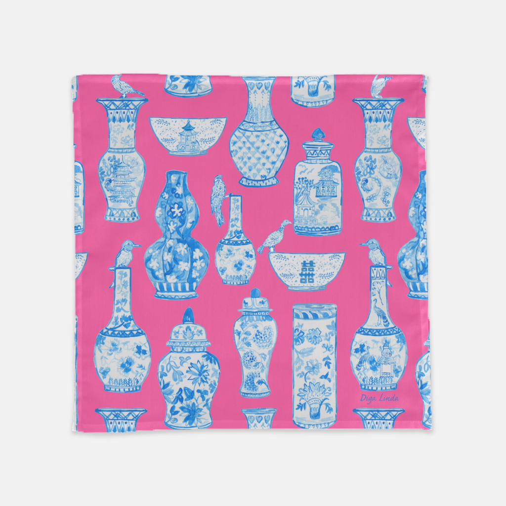 Chinoiserie blue and white GInger Jars in Pink by Diga Linda